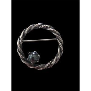 Vtg MCM Sterling Silver Hematite 1" Circle Rope Brooch Pin Bell Trading 925